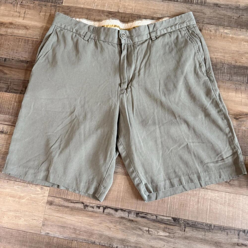 Tommy Bahama khaki Green Silk Shorts Flat Front Summer Casual Preppy vacation